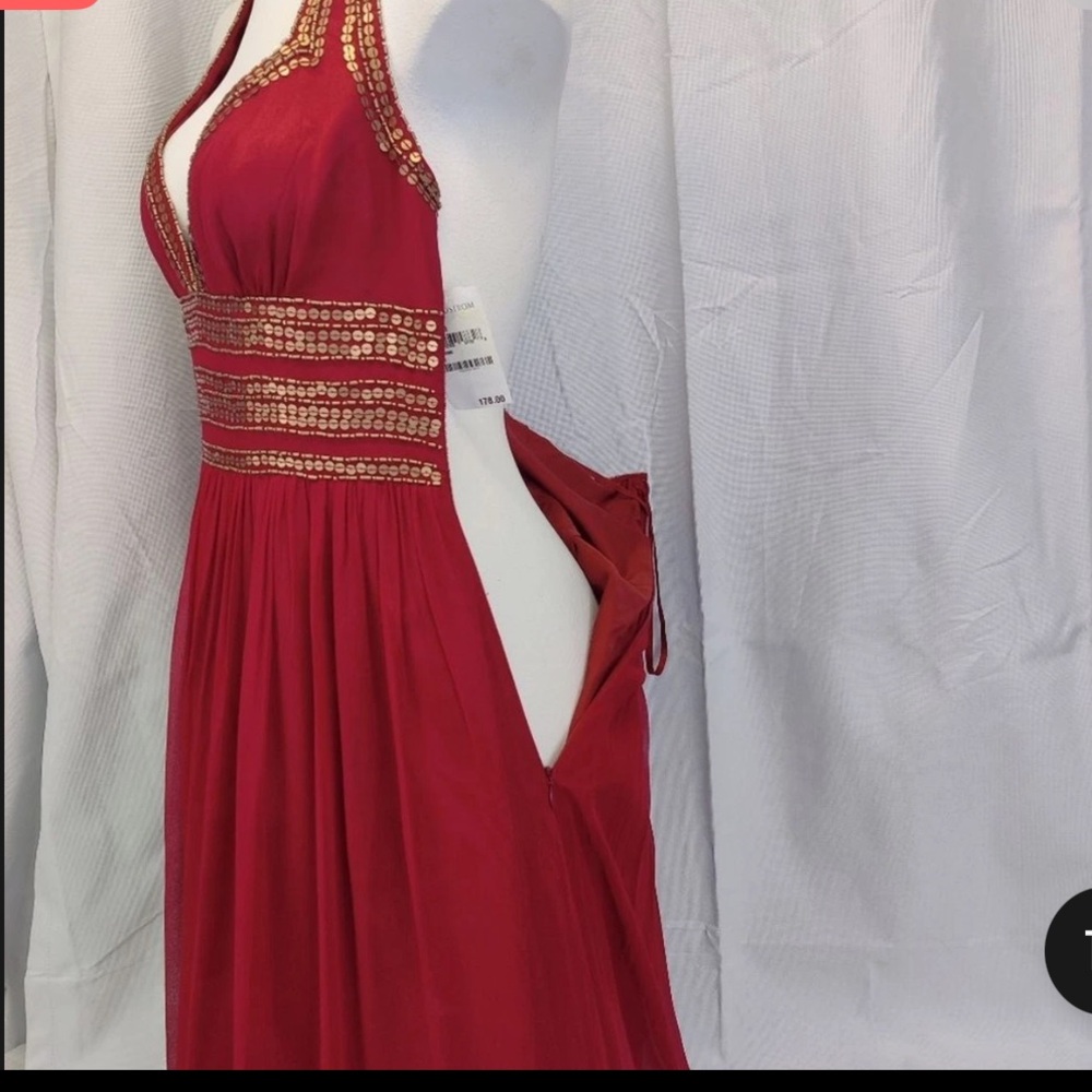 Adrianna Papell MAXI Red Evening Dress with Gold Details - Picture 13 of 13